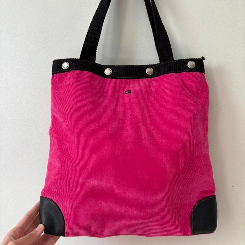 Y2K Retro Pink Navy Blue Faux Leather Tommy Hilfiger Corduroy Tote bag - Medium